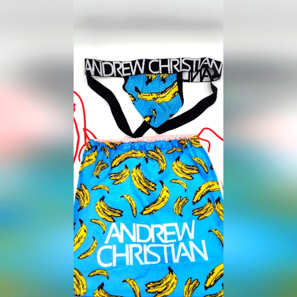 Andrew Christian Mesh Jock (XS) with Banana print and matching drawstring bag